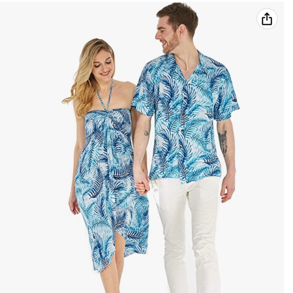 Couple Matching Hawaiian Luau Party Outfit Set Shirt Dress